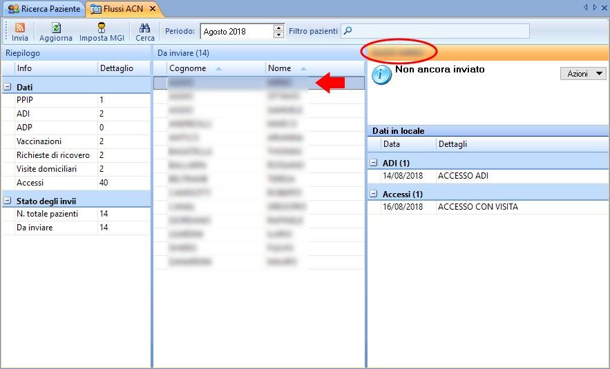 7c. Singolo Paziente Per vedere invece i dati da inviare per un singolo paziente, basta selezionare il nominativo del paziente. Ad esempio, prendiamo in esame il primo paziente nella lista.