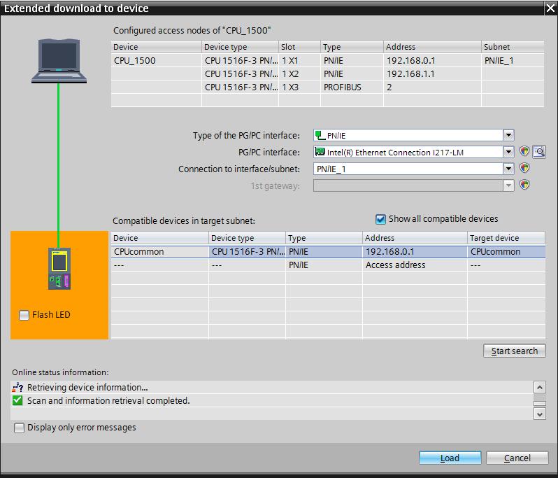 Se la CPU in uso compare nell elenco Compatible devices in target network (Nodi compatibili nella sottorete di destinazione) è necessario selezionarla prima di avviare il caricamento.