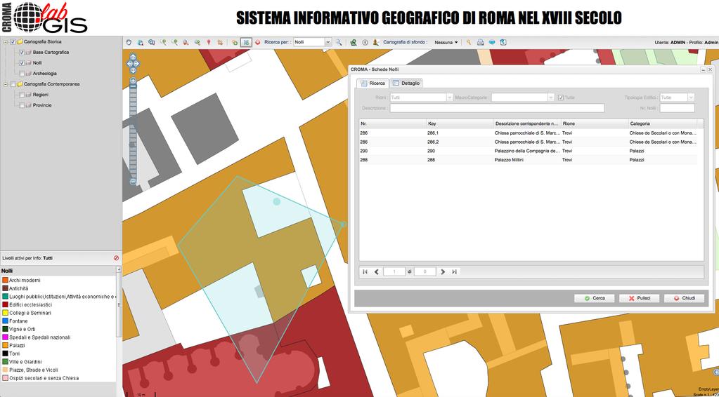 Selezione Areale: abilita la ricerca spaziale sul livello attivo mediante digitazione di un area sulla mappa. Si apre una finestra con l elenco degli oggetti selezionati (Fig. 9). Figura 9.