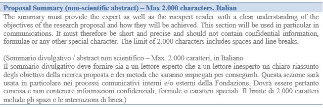 Le informazioni richieste nel modulo Executive Summary comprendono: Sezione A Informazioni sul Principal Investigator e il progetto Indicare in questa sezione l ente a cui afferisce il Proponente,