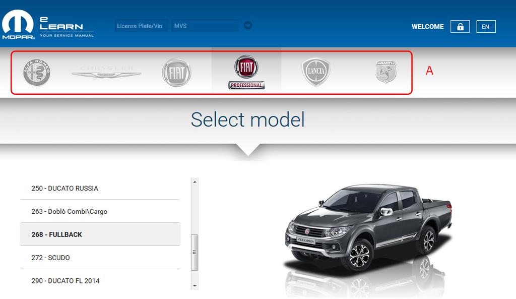 A. Il logo in alto a sinistra Mopar + elearn, permette il ritorno alla Home Page del sito ovunque ci si trovi nel sito B.