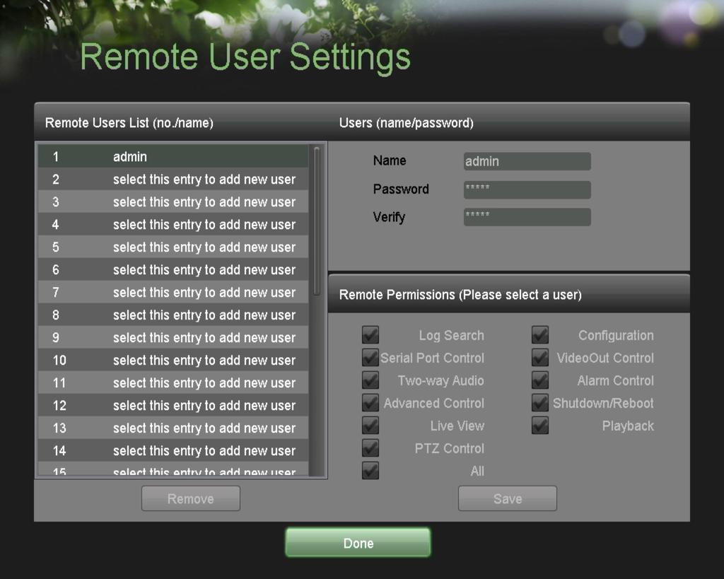 Figura 38. Menu Remote User Settings (Impostazione Utente Remoto) 2. Nella lista Remote Users (Utenti Remoti) cliccare sulla riga corrispondente ad un utente per aggiungere un nuovo utente. 3. Una volta che è stato selezionato un nuovo utente si abiliteranno i campi dentro il riquadro Users in alto a destra.