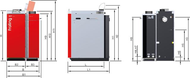 Dati tecnici Dimensioni - SP Dual 15 22 28 32/34 40 L Lunghezza caldaia a legna [mm] 1125 1125 1125 1215 1215 L1 Lunghezza unità pellet [mm] 1285 1285 1285 1370 1370 B Larghezza SP Dual [mm] 1000