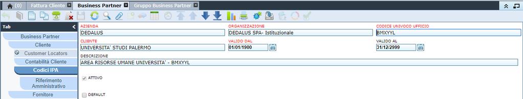 Nel caso in cui deve essere riportato il bollo in una specifica area sull xml, abilitare la casella di controllo Bollo in corso FEPA Attraverso il Tab Codici IPA, sarà possibile inserire i codici Ipa