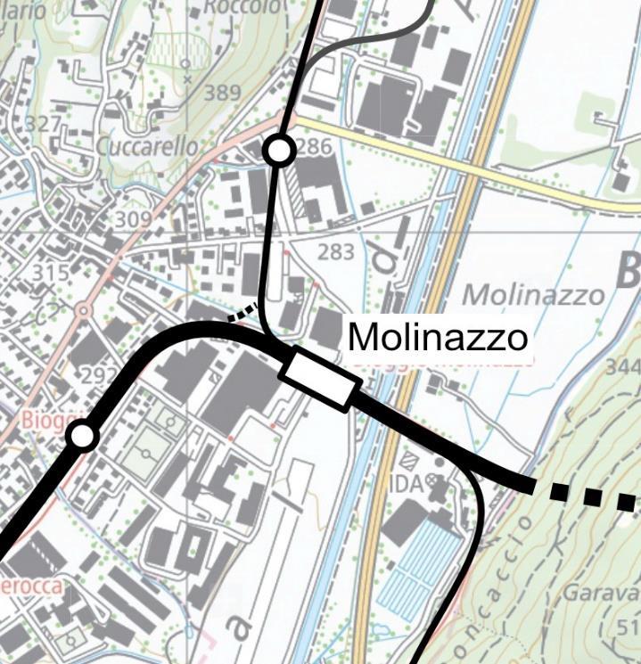 Fig. 8 Mantenere il tracciato ferroviario nella posizione attuale faciliterebbe lo sviluppo degli insediamenti e avrebbe minor impatto territoriale.