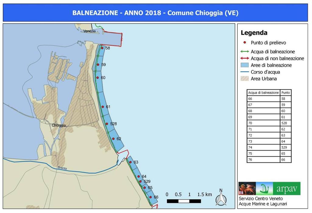 4.1.7 Comune di Chioggia Nel comune di Chioggia in provincia di Venezia sono presenti 11 acque di balneazione corrispondenti ad altrettanti punti di campionamento (figura 22).