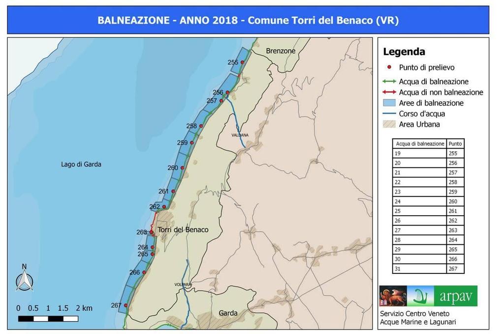4.3.3 Comune di Torri del Benaco Nel comune di Torri del Benaco in provincia di Verona sono presenti 13 acque di balneazione corrispondenti ad altrettanti punti di campionamento (figura 29).