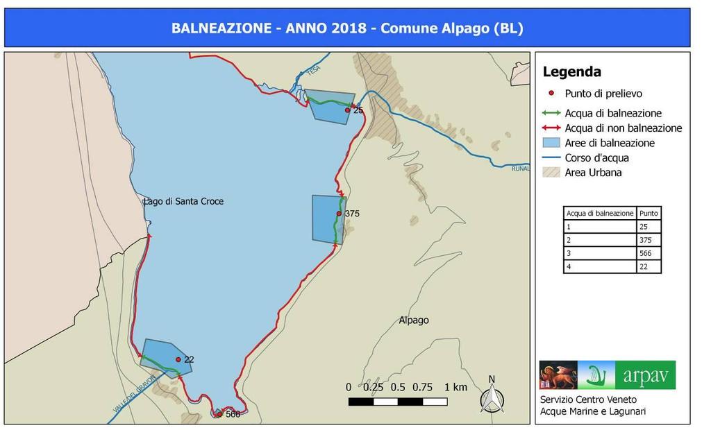 4.4 Lago di Santa Croce Nel lago di Santa Croce sono presenti 4 acque di balneazione, tutte afferenti al comune di Alpago in provincia di Belluno, corrispondenti ad altrettanti punti di campionamento