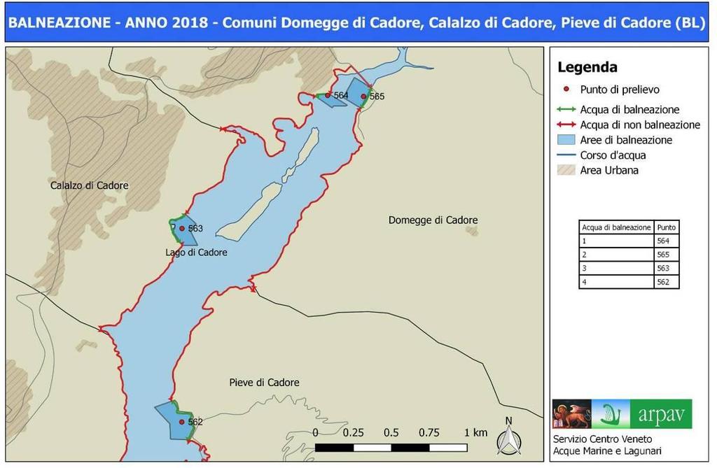 Figura 37: acque di balneazione e non lago di Centro Cadore comuni di Domegge di Cadore, Calalzo di Cadore e Pieve di Cadore (BL) Nei 4 punti di prelievo in esame sono stati prelevati