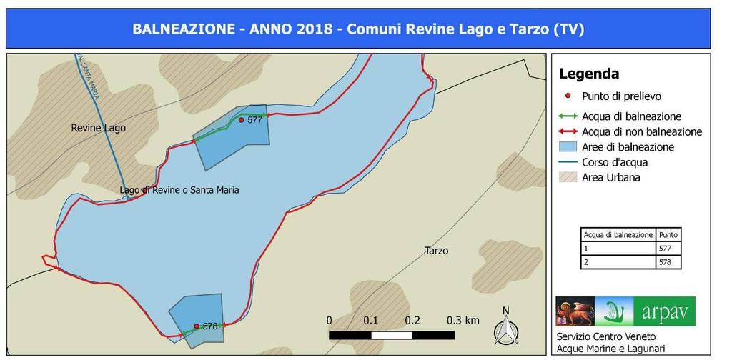 4.8 Lago di Santa Maria Nel lago di Santa Maria sono presenti 2 acque di balneazione, corrispondenti ad altrettanti punti di campionamento (figura 40), afferenti a due comuni in provincia di Treviso;