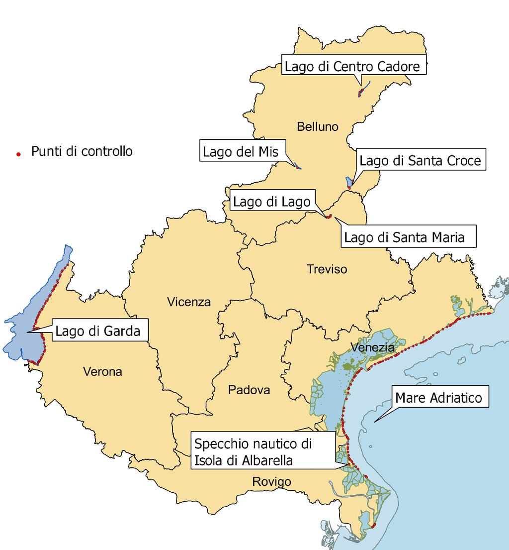 Figura 2: corpi idrici assoggettati ai controlli sulle acque di balneazione nella regione del Veneto.