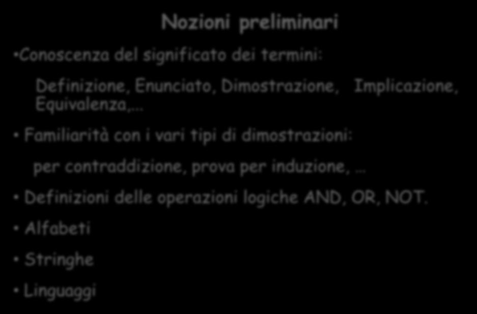 Nozioni preliminari Conoscenza del significato dei termini: Definizione, Enunciato, Dimostrazione, Implicazione, Equivalenza,.