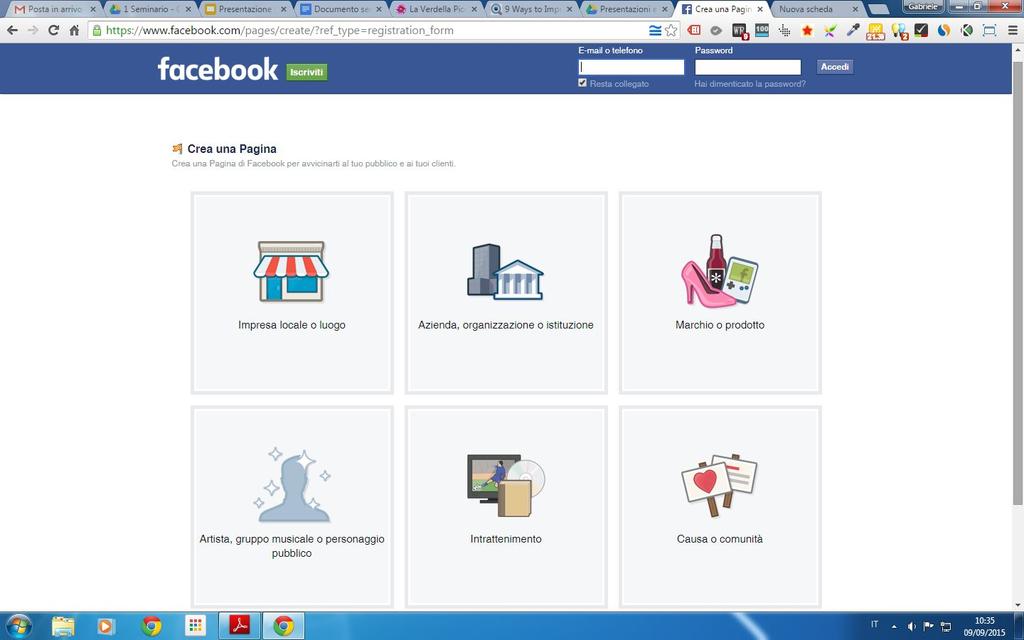 Facebook: aprire una Pagina Fan Selezionare il tipo di pagina da