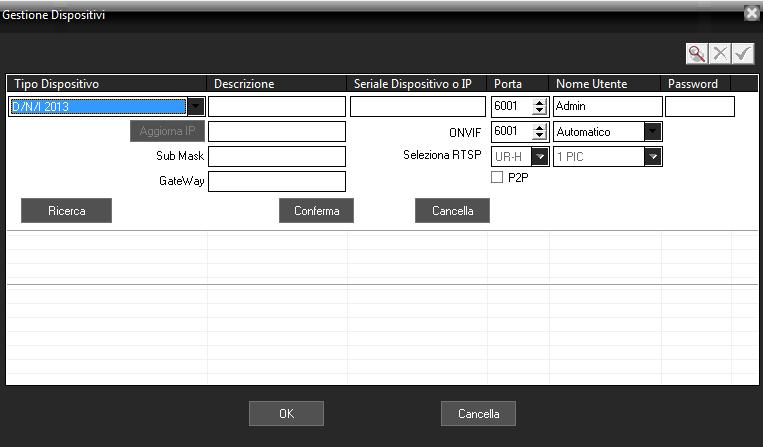 Mantenere l opzione Tipo Dispositivo di default su D/N/I quindi seguire i seguenti punti per completare la configurazione: 1) Spuntare la voce P2P 2) Digitare ID Seriale P2P del dispositivo