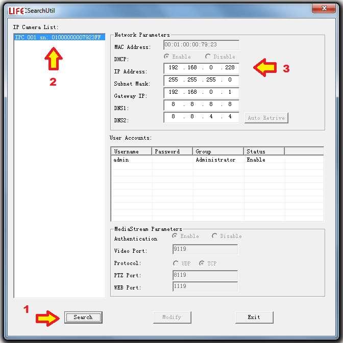 Ricerca indirizzo IP della della telecamera tramite Software Life_IPC_Search La configurazione di rete della telecamera di default prevede il DHCP attivo.