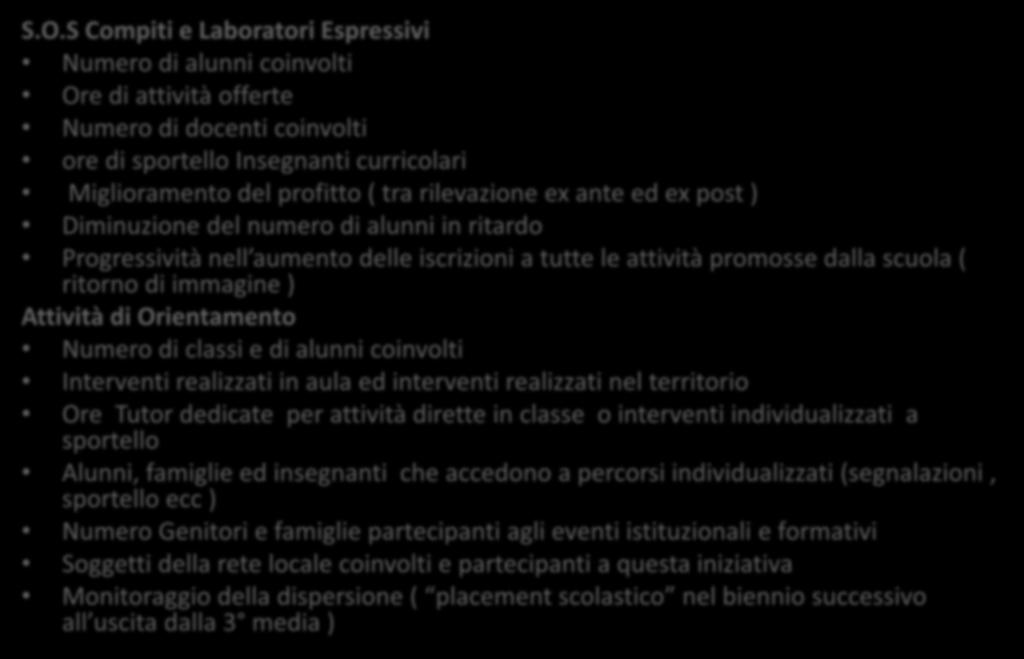 Indicatori per la valutazione S.O.