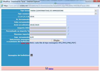 data del versamento nel formato 99/99/9999. Allegare l immagine o la scansione del bollettino. Cliccare su "Salva". Ripetere l operazione per ciascuna delle due tasse suddette.