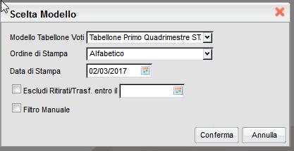 Scegliere il modello tabellone del giusto quadrimestre (uno dei due creati alla FASE 2 ), mettere la spunta su escludi trasferiti e confermare.