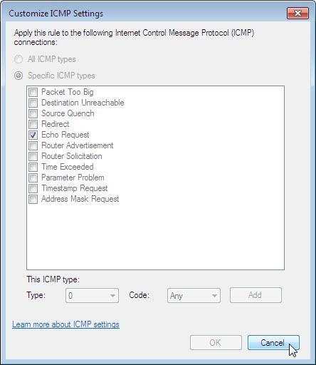 Fare clic sulla scheda Protocolli e Porte. Per le impostazioni ICMP, fare clic sul pulsante Personalizza. Appare il menu in cui sono configurate le eccezioni ICMP.