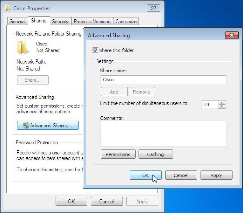 . Condividere la cartella, utilizzare il nome predefinito Cisco.