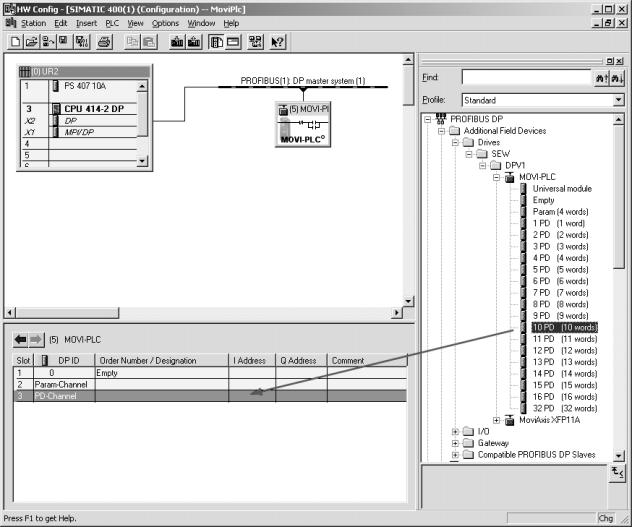 4 I Configurazione e messa in servizio Configurazione di un master PROFIBUS DP. Ora il controllore MOVI-PLC advanced DHF4B è preconfigurato con la configurazione PD.