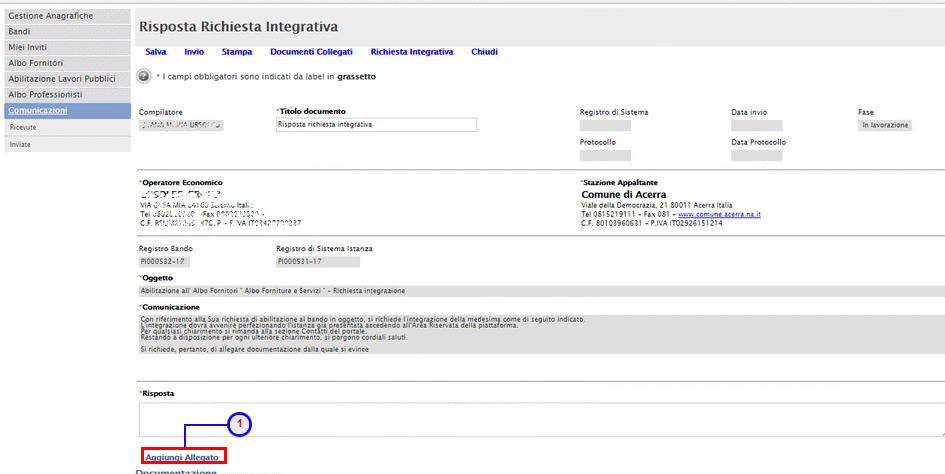 Figure:30-- Comunicazioni Ricevute - Risposta Richiesta Integrativa Aggiungi Allegato Compilata la Risposta Richiesta Integrativa, è