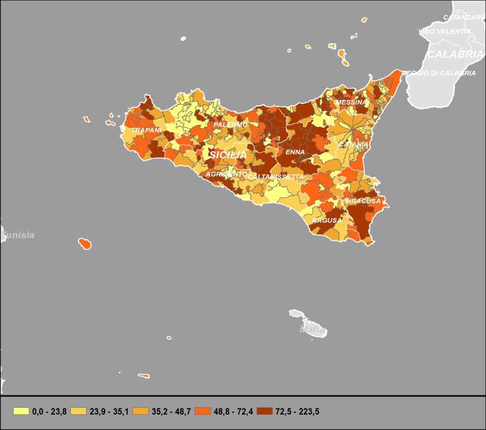 Volontari delle UL delle Istituzioni non profit (Valori per 1.000 abitanti) Provincia v.a. % Per 1.000 ab. Trapani 21.909 9,8 51 Palermo 46.230 20,6 37,2 Messina 31.586 14,1 48,6 Agrigento 18.