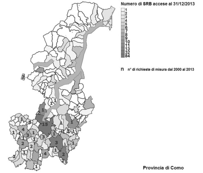 Figura 3: territorio della provincia di Como: numero di stazioni radiobase accese nel comune (colore del comune) con l indicazione del numero di richieste di intervento.