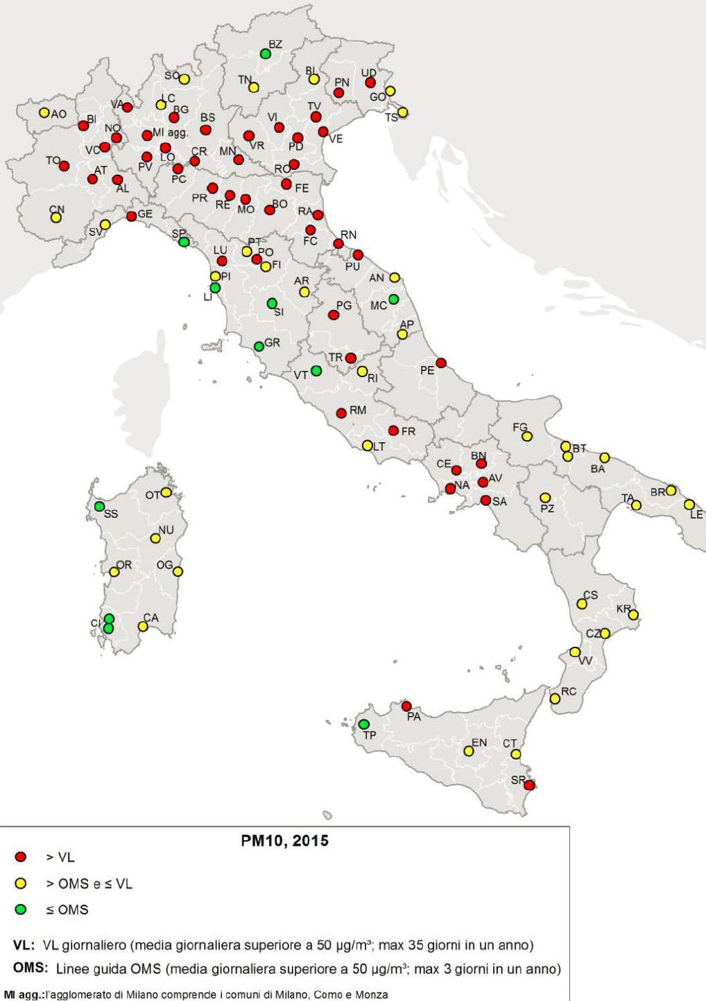 Giornate limite PM10, 2015: SUPERAMENTI DEL VALORE LIMITE GIORNALIEROE DEL VALORE DI RIFERIMENTO DELL OMS PER LA MEDIA GIORNALIERA NELLE AREE URBANE PM10, 2016 Milano, Genova, Firenze, Parma e