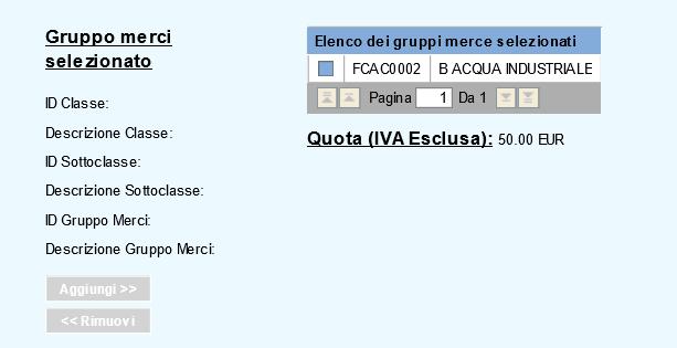 tabella dei gruppi merce selezionati.