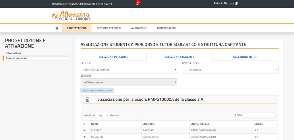 ASSOCIA STUDENTE - SELEZIONE DELLO/DEGLI