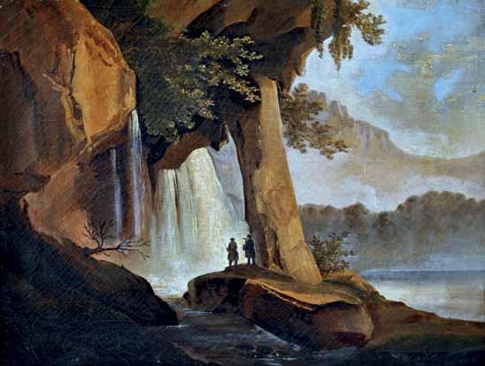 76 Fergola Salvatore attr. (Napoli 1799-1874) Paesaggio con cascata olio su tela, cm 37x46,5 Stima: 600/1.