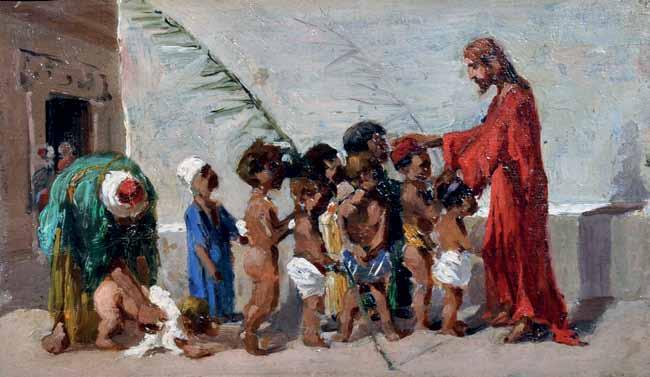 87 Marinelli Vincenzo (S. Martino D Agri, PZ 1819 - Napoli 1892) Cristo che battezza dei ragazzini olio su tavola, cm 12,5x21 firmato in basso a sinistra: V.