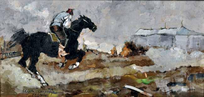 108 Issupoff Alessio (Viatka, Russia 1889 - Roma 1957) Paesaggio con cavallo olio su tavola,