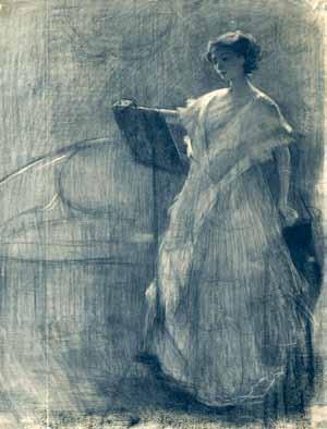 127 Morelli Ennio (Torino 1874-1941) Donna al leggio carboncino su carta, cm
