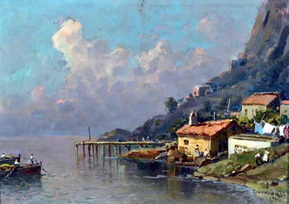 144 De Corsi Nicolas (Odessa, 1882 - Napoli, 1955) Case di pescatori olio su