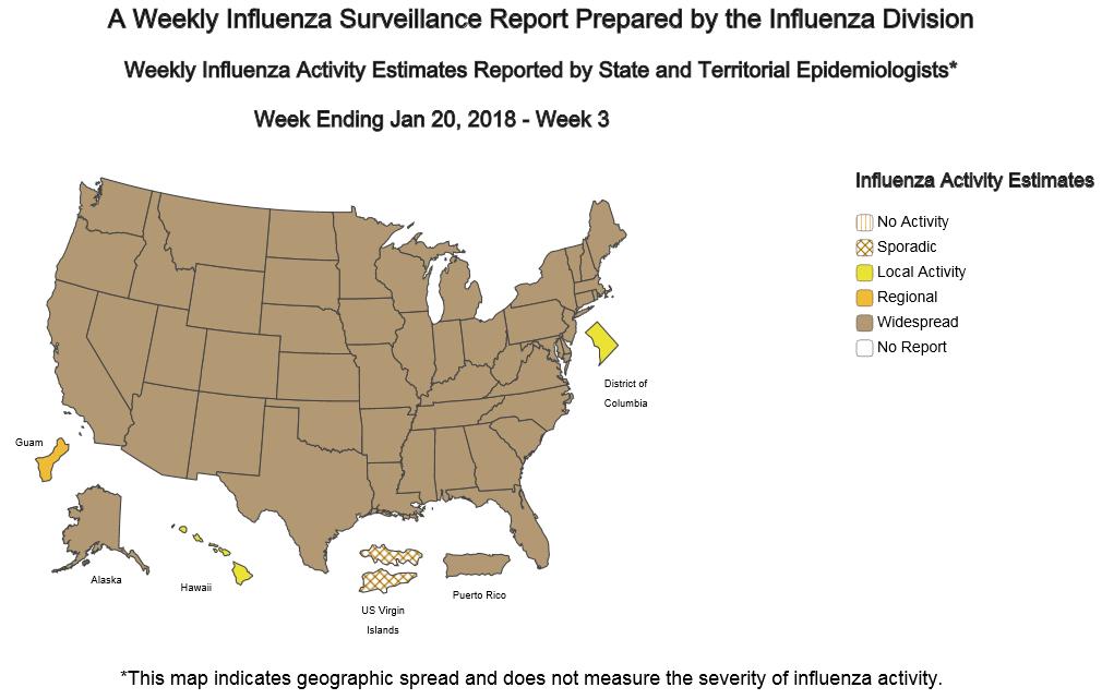 USA In tutti gli Stati Uniti, la circolazione dei virus influenzali si mantiene ad alti livelli, come evidenziato nella mappa sottostante aggiornata al 20 gennaio 2018.