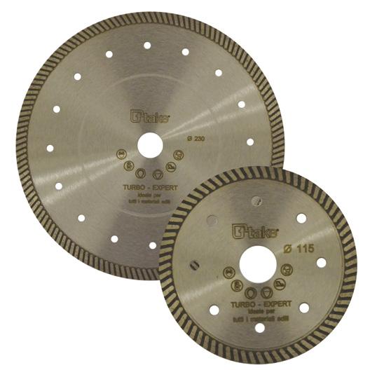 Disco diamantato TURBO-EXPERT Disco diamantato, con corona continua (10mm di altezza) per il taglio a secco universale. Diamante in pasta con miscela di polveri metalliche; corpo in acciaio speciale.