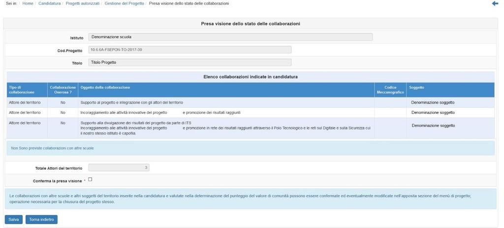 3. Collaborazioni Candidatura La scheda riporta automaticamente, in derivazione, le stesse indicazioni inserite in fase di Candidatura, relativamente alle collaborazioni con altre scuole e alle