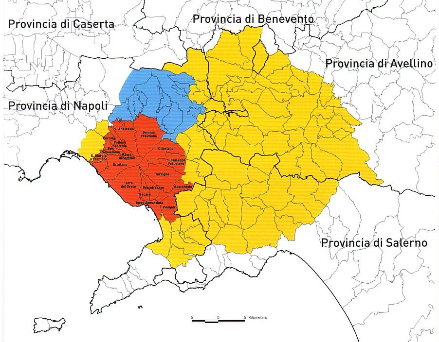 PIANO NAZIONALE DI EMERGENZA PER IL VESUVIO - DELIMITAZIONE DELLE AREE A RISCHIO: Zona rossa: area a maggiore pericolosità in quanto soggetta all'invasione di flussi piroclastici.