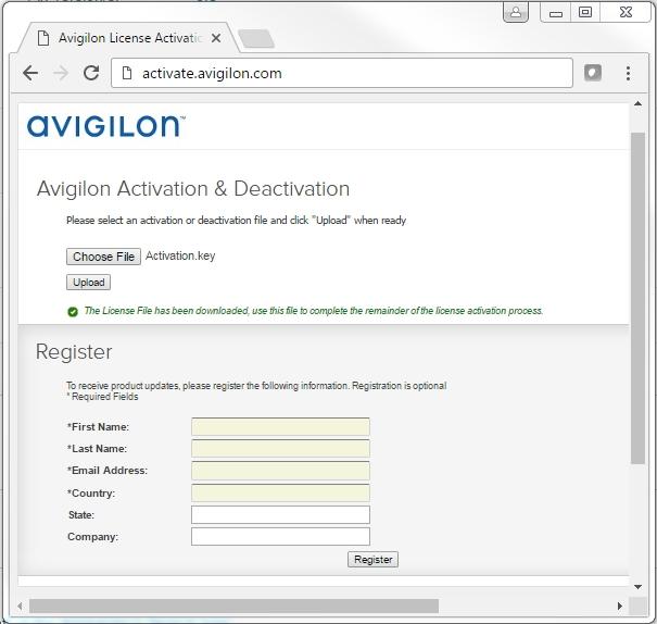 f. Compilare la pagina di registrazione del prodotto per ricevere gli aggiornamenti del prodotto da Avigilon, quindi fare clic su Registra.