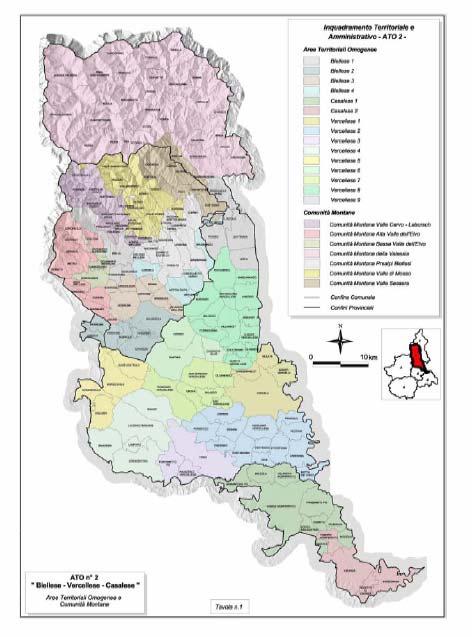 TERRITORIO DELL ATO N.2 del Piemonte > 3.238 kmq > 184 comuni inclusi > 4 province interessate. (VC, BI, AL, TO) > 438.