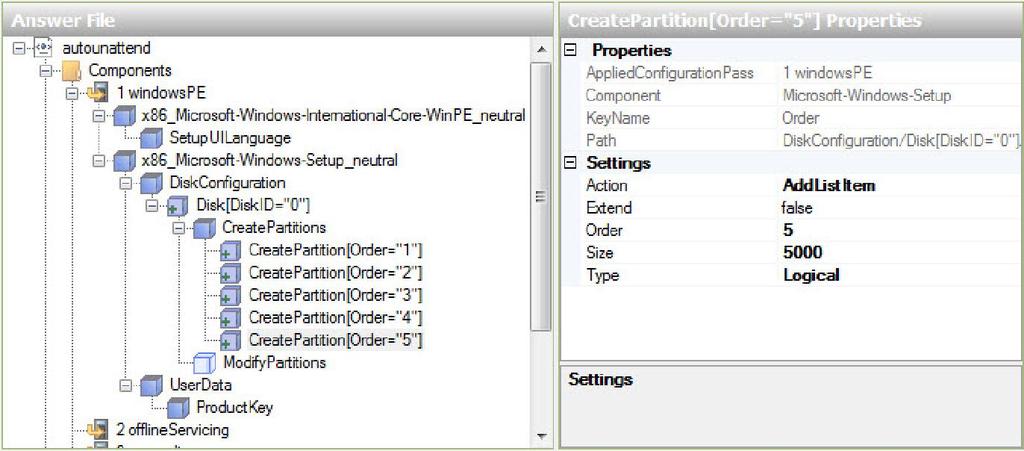 Selezionare la CreatePartition superiore nel riquadro "File di Risposta". Nel riquadro "Proprietà di CreatePartition", impostare i seguenti valori: Extend = false, Order = 5, e Type = Logical.