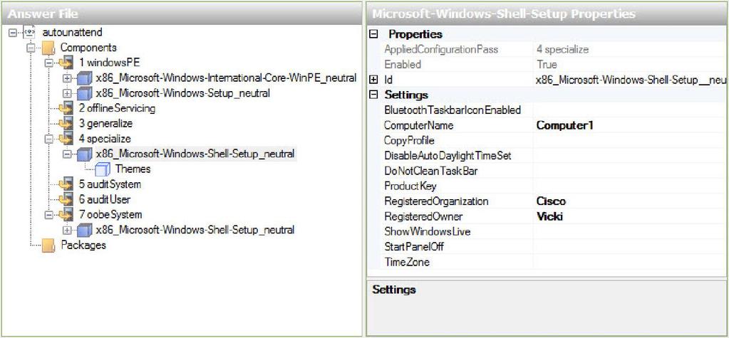 Esempio: Computer1, Cisco, e Vicki. Espandere Microsoft-Windows-Shell-Setup nel component 4 specialize del riquadro "File di Risposta".