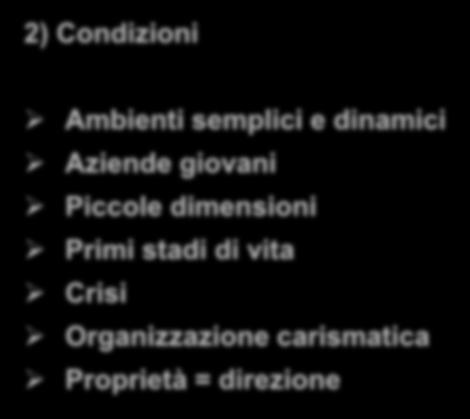 Struttura semplice 2) Condizioni Ambienti semplici e dinamici Aziende giovani Piccole