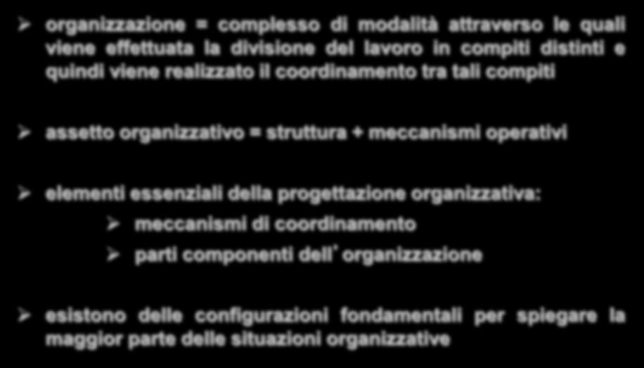 Le ipotesi di partenza organizzazione = complesso di modalità attraverso le quali viene effettuata la divisione del