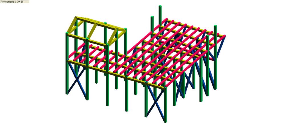 Struttura principale: pilastri 20x20 (verde), controventature 20x20 e 15x15 (blu), travi