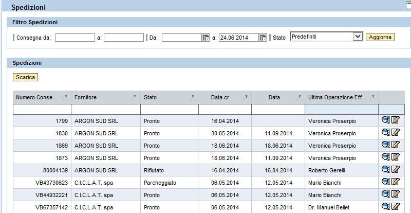 2 1 Visualizzazione imballi Cliccando il tasto Aggiorna si visualizzano le consegne che soddisfano il criterio di ricerca impostato.
