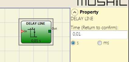 Nuovo operatore Linea Ritardo Questo operatore inserisce un ritardo ad un segnale portando a 0 l uscita OUT dopo il tempo impostato a fronte di una discesa del segnale IN.