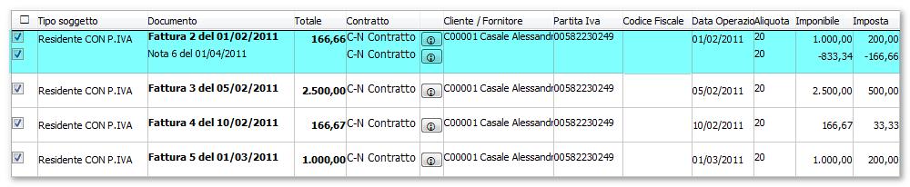 Nell esempio seguente sono presenti 5 fatture ed un nota di variazione che, riferendosi allo stesso contratto, andrà a decurtare l importo delle fatture seguendo l ordine temporale dettato dalla data